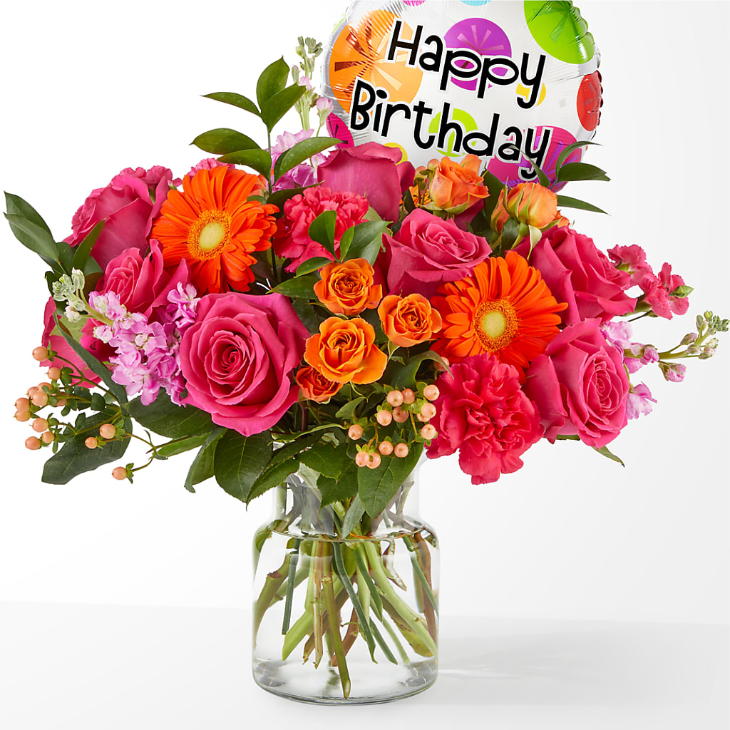 Fiesta Bouquet with Birthday Balloon – Blossom And Brew Co, Menasha WI