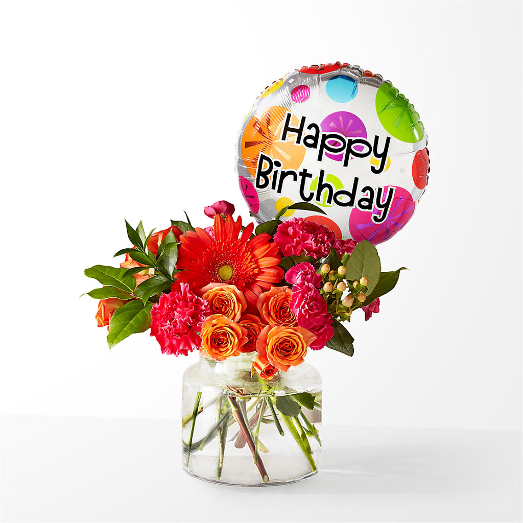Fiesta Bouquet with Birthday Balloon – Blossom And Brew Co, Menasha WI