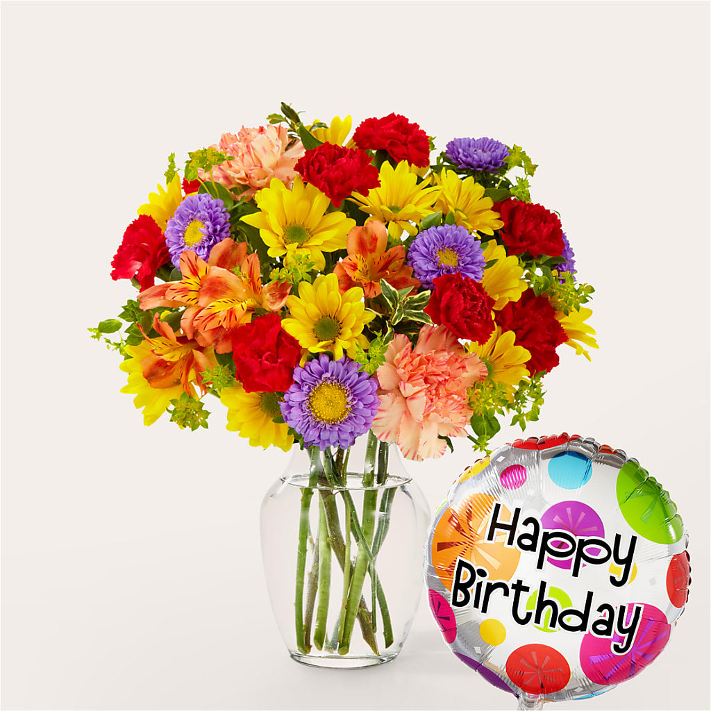 Kaleidoscope Bouquet with Birthday Balloon – Blossom And Brew Co, Menasha WI
