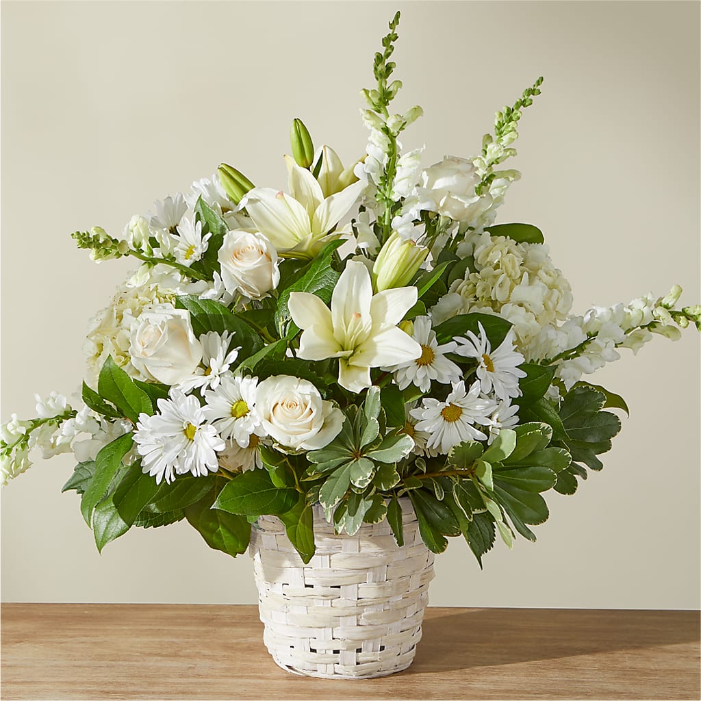 Ivory Elegance Floral Basket – Blossom And Brew Co, Menasha WI