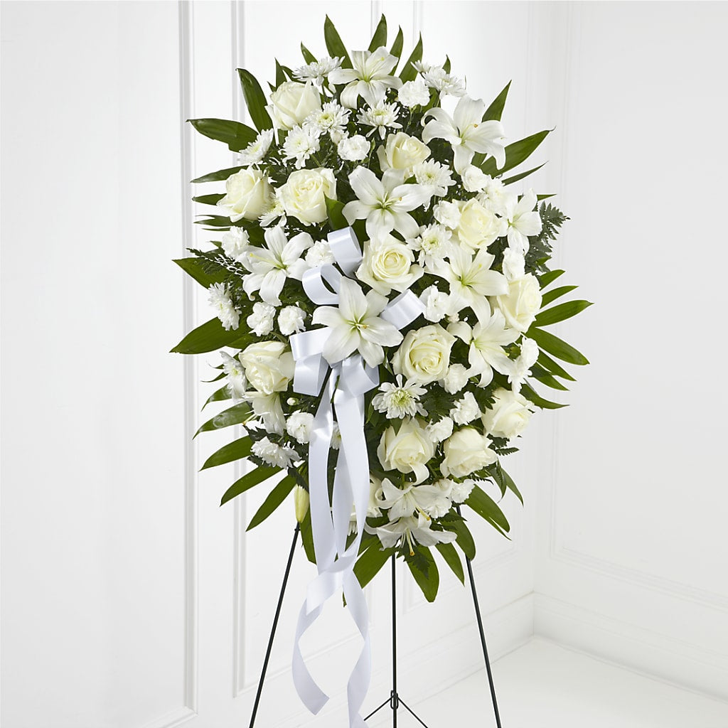 Exquisite Tribute Standing Spray-White Ribbon – Blossom And Brew Co, Menasha WI