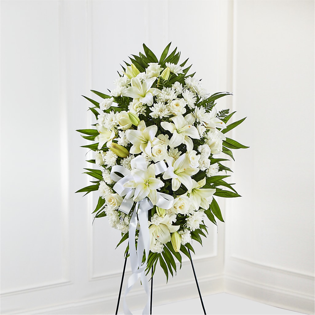 Exquisite Tribute Standing Spray-White Ribbon – Blossom And Brew Co, Menasha WI